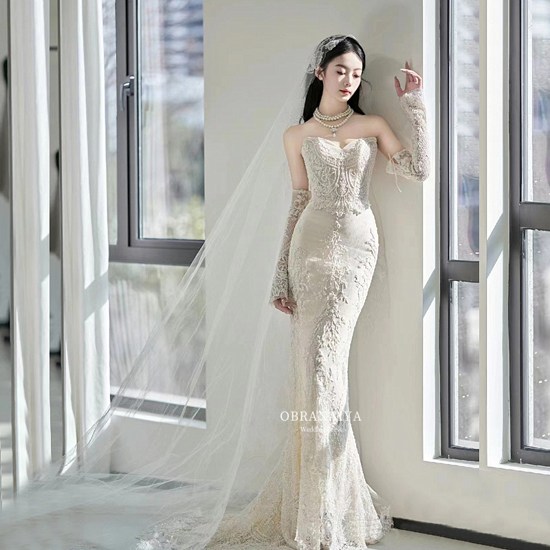 Danube Strapless Long-Sleeve French Mermaid Bridal Gown Vintage Lace Wedding Dress for Petite Figures Danube Strapless Long-Sleeve French Mermaid Bridal Gown Vintage Lace Wedding Dress for Petite Figures