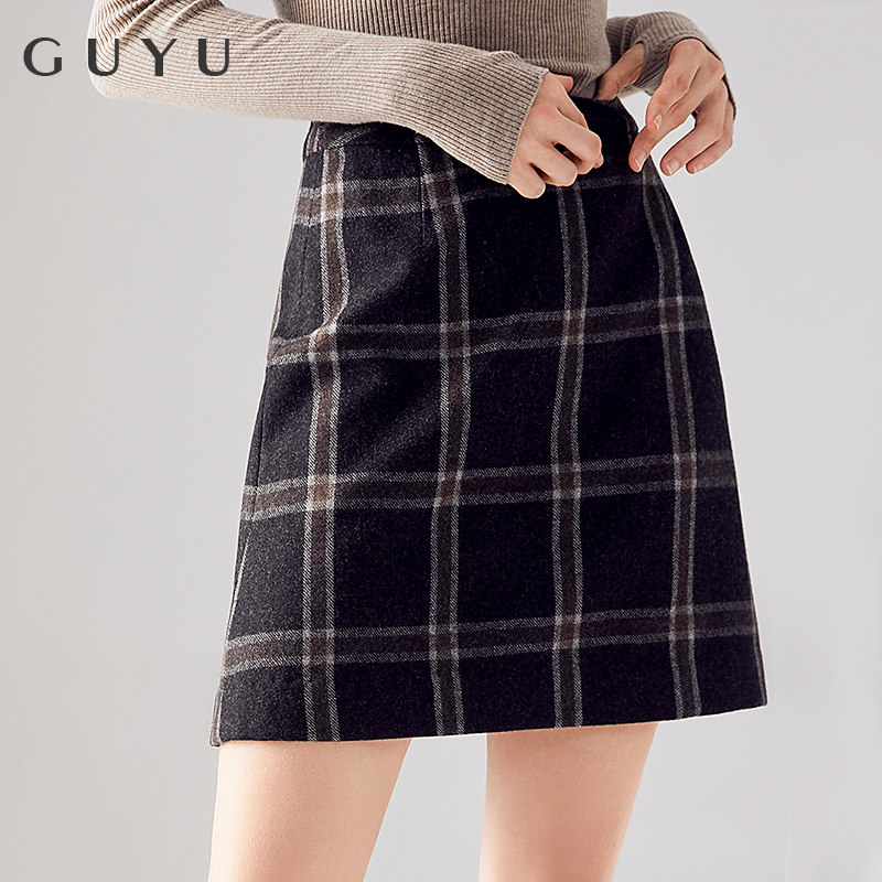 (Clearance Welfare) Plaid woolen skirt women's spring high waist A-line bag hip one-step skirt wool skirt thick