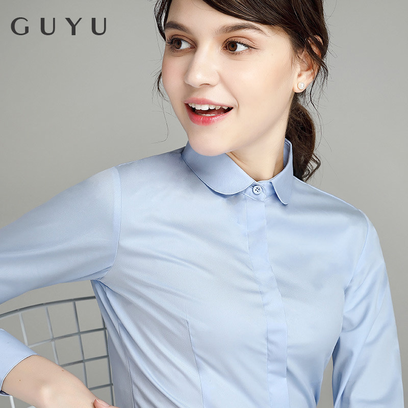 2022 autumn new doll collar blue shirt women's long-sleeved professional dress white shirt round neck overalls