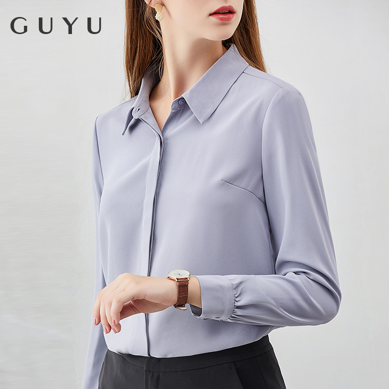 2022 spring new temperament chiffon shirt women's long-sleeved high-end professional dress white shirt haze blue top