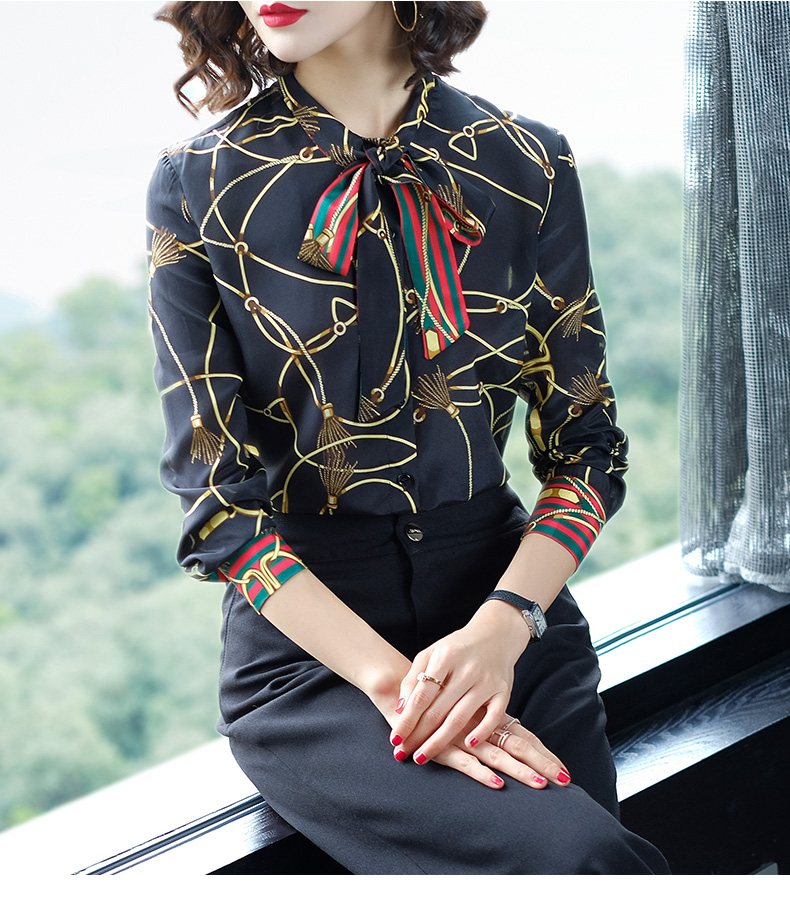 Áo phông châu Âu 2018 xuân hè mới áo lụa nữ dài tay thắt nơ in hoa retro các kiểu áo sơ mi nữ ngắn tay đẹp