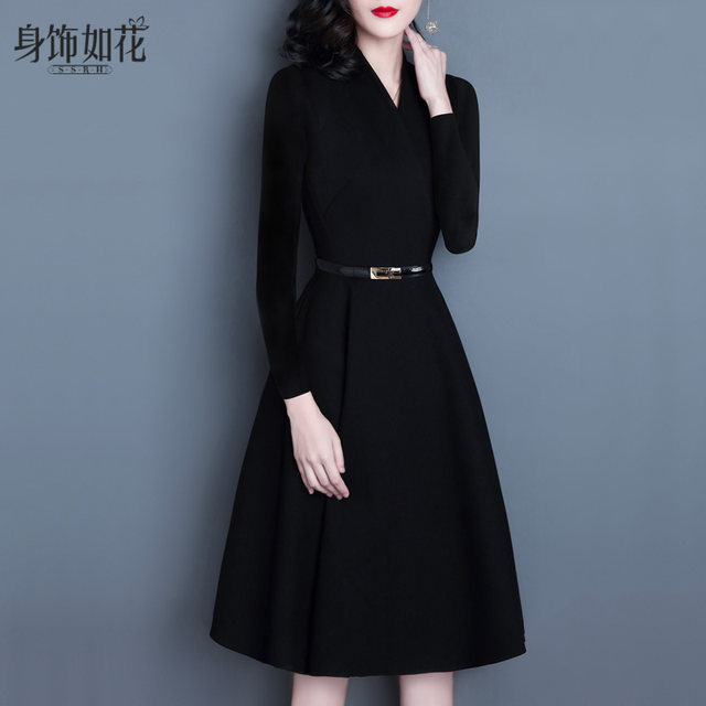 Mid-length little black dress 2024 spring and autumn new ladylike temperament slim a-line skirt long-sleeved black bottoming dress