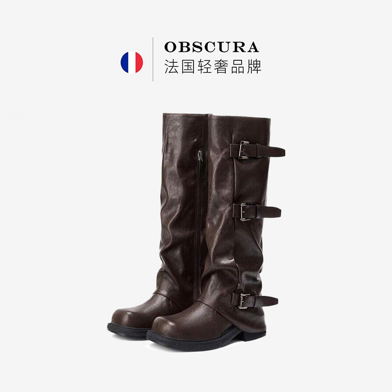 【French Obscura Direct】Genuine Leather 8cm Height-Increasing Long Knight Boots for Women, Autumn Melard Pleated Long Boots