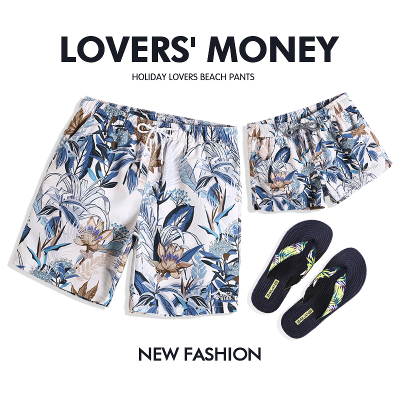 Cover wave couple beach pants seaside quick drying can be launched men's beach shorts hot spring swimsuit women's big flower swimming trunks