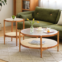 Japan-style rattan chins briefing room balcony round glass combined tea table Minjuku solid wood round table