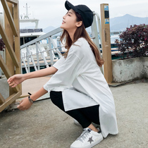 2021 Spring Summer new loose size long split top seven and half short sleeve cotton white T-shirt women