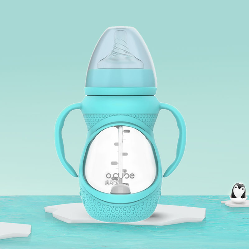 Aokebao newborn baby bottle glass newborn baby straw drinking water with handle gravity ball wide caliber anti-fall
