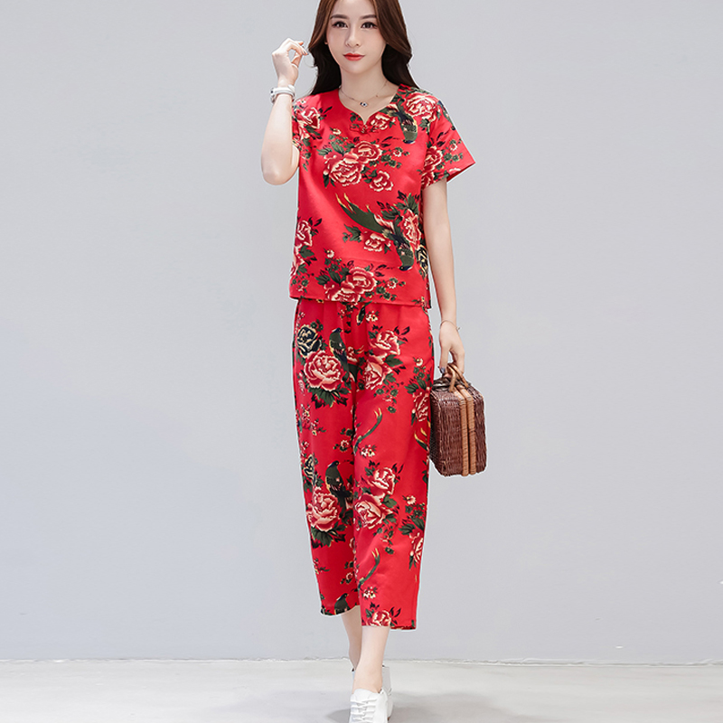 Trung Hoa Dân Quốc Gió Tang ăn mặc của phụ nữ Trung Quốc Gió 2020 Summer New ngắn tay bông áo Casual Pants Nine-Point Hai mảnh Set