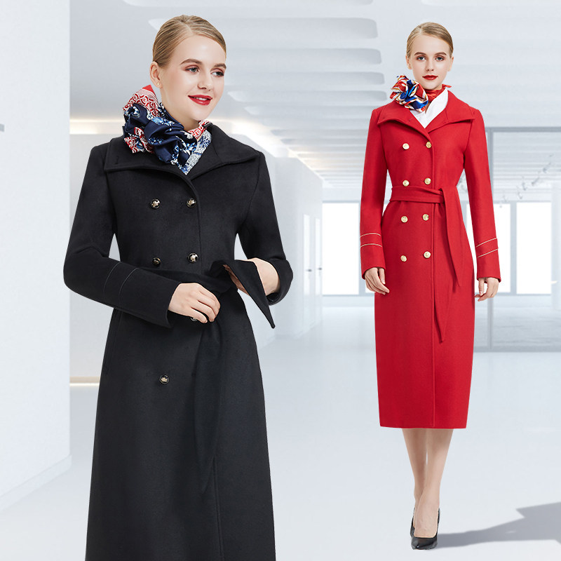 Stewardess coats uniform Women's autumn winter medium long version over knee black, what about the new fashion wool 2022