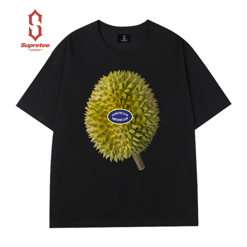 New Durian Fruit Print Round Neck Short-Sleeved T-Shirt for Men, Large Size, Loose Casual Pure Cotton Couple's Top for Summer