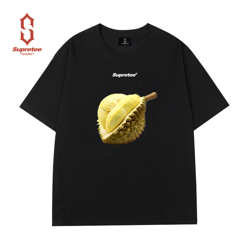 National Trend Original New Fruit Durian Print Round Neck Short-Sleeve T-Shirt for Men, Large Size, Loose Fit, Pure Cotton, Black, Heavyweight Trendy