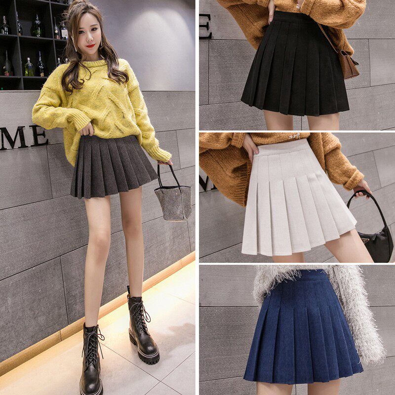 Black woolen pleated skirt women autumn winter a-line skirt skirt small size umbrella skirt autumn plaid short skirt spring and autumn fat m