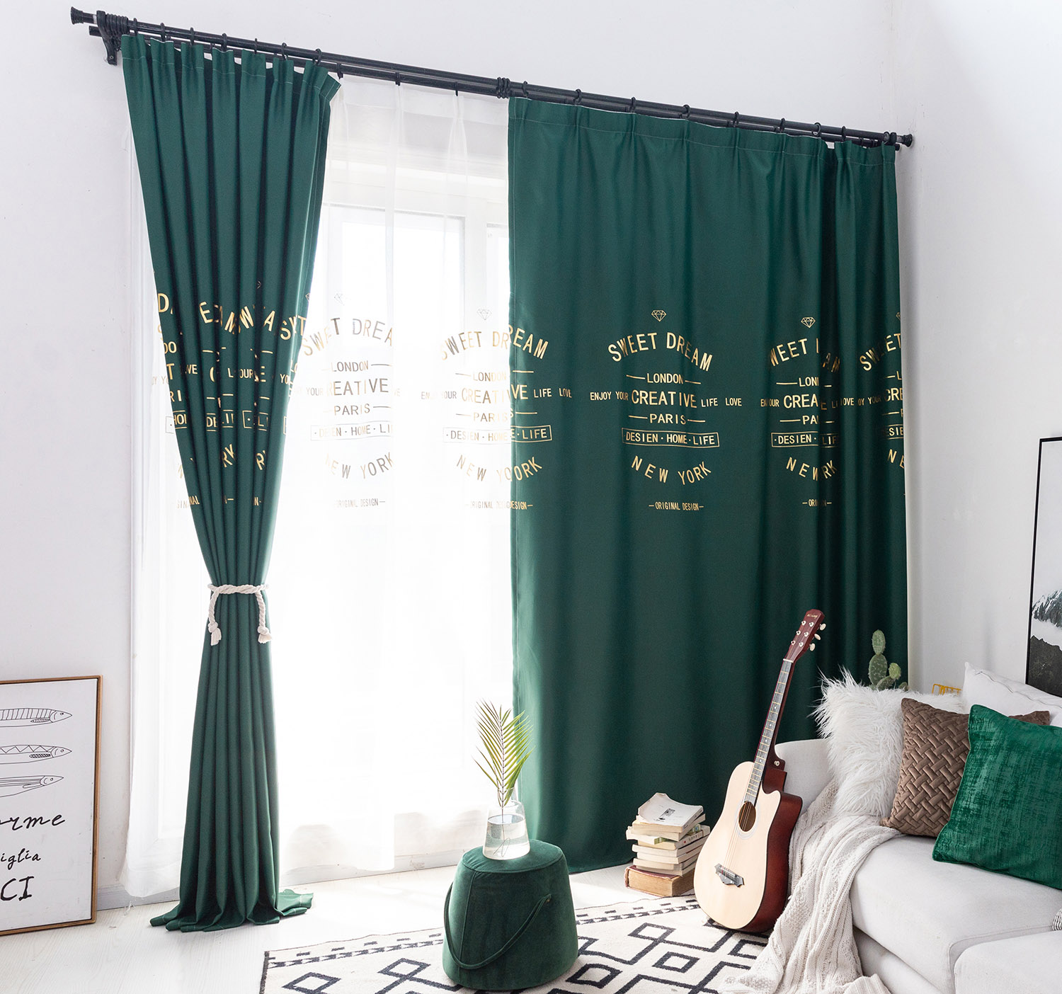 2020 new ins net red Nordic minimalist hot gold curtain ink green shading shading cloth thickened finished bedroom