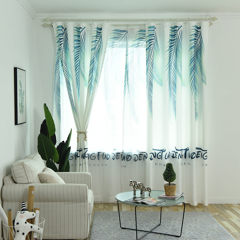 Minimalist modern Nordic Wind Ins plantain leaf shading cloth printed curtains Bedroom Living room Balcony Floating Window Veil