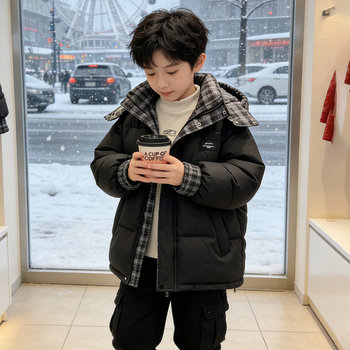 Boys' Cotton Winter Clothing 2025 New Thickened down Cotton Jacket for Big Boys, Children's Hooded Winter Leather Cotton Coat