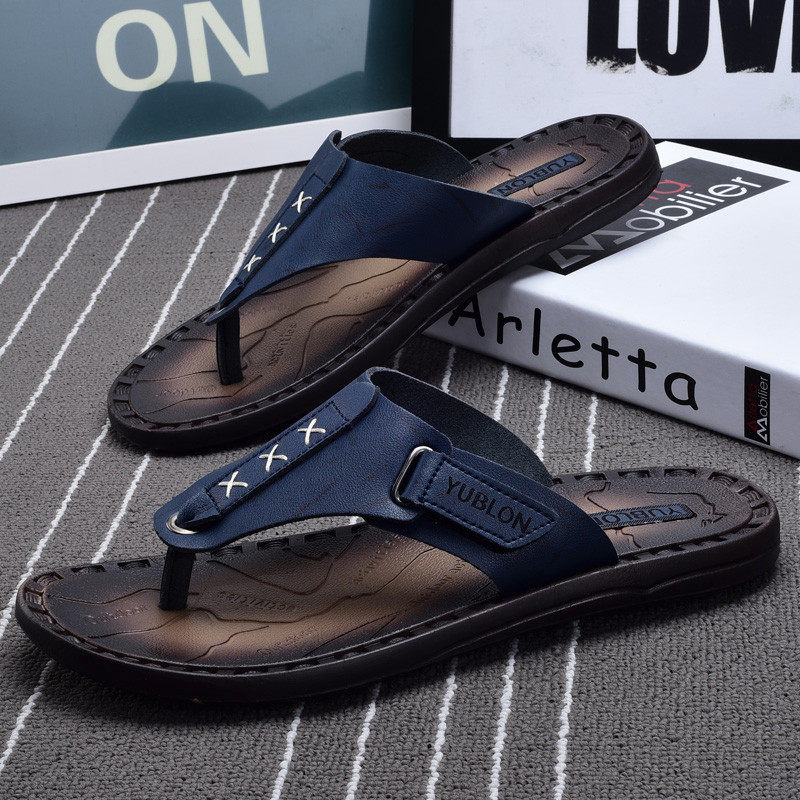 2021 new summer leather slippers men's outdoor anti-slip clip foot beach shoes men sandals herringbone slippers soft bottom sandals