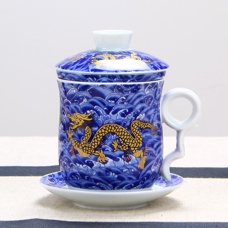 Dragon glass ceramic tea set four cups of blue and white porcelain personal water bottle with cover filter the meeting office tea cup