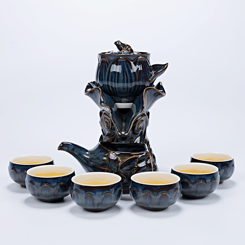 Lotus half automatic kung fu tea set ceramic household lazy creative tea teapot teacup of a complete set of millstones