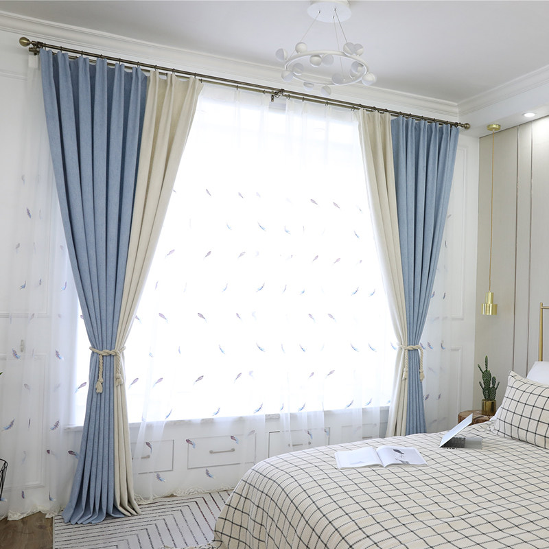 Splicing thickened Chenille simple modern blackout curtains Living room bedroom floor-to-ceiling windows custom floating curtain yarn