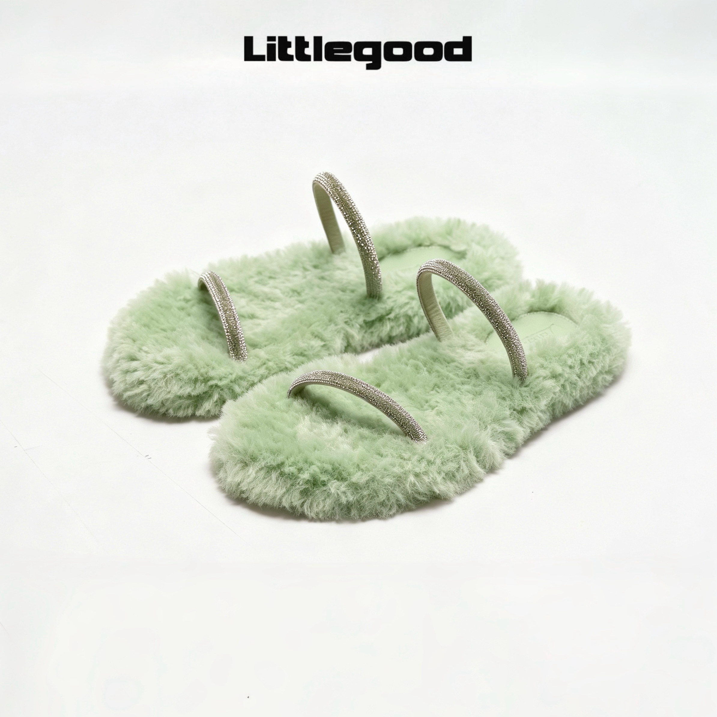 Littlegood rhinestone furry slippers for women all-match