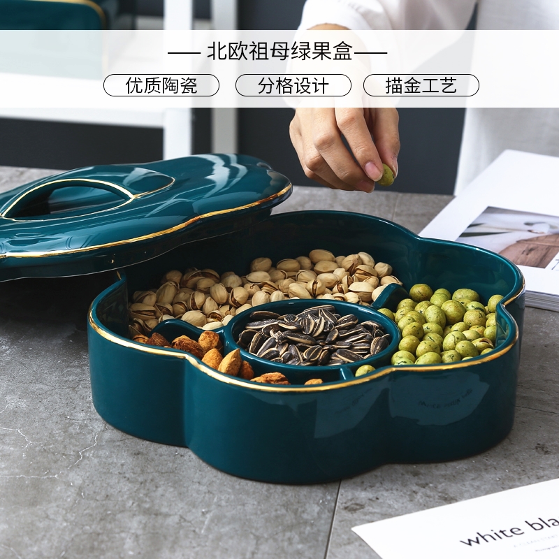 Nordic Fruit Pan Creative Home Living Room Tea Table ceramic Sub-lattice with lid snacks Candy Dried Fruit Containing Box Light Lavish