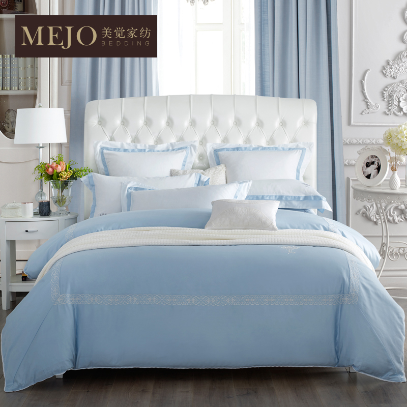Beauty Home Textiles Four-piece Bed Set Cotton Pure Cotton European Simple Solid Color Embroidered Duvet Cover Blue Bed Supplies