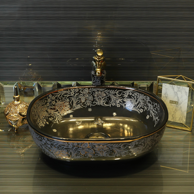 Gold cellnique black ceramic contracted art on the stage of the basin that wash a face basin of Chinese style sink basin of wash one 's hands and oval