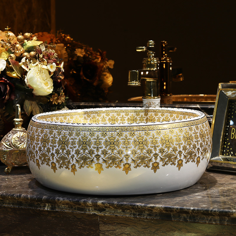 Gold cellnique jingdezhen stage basin washing plate ceramic art basin toilet lavabo waist drum pear haitang