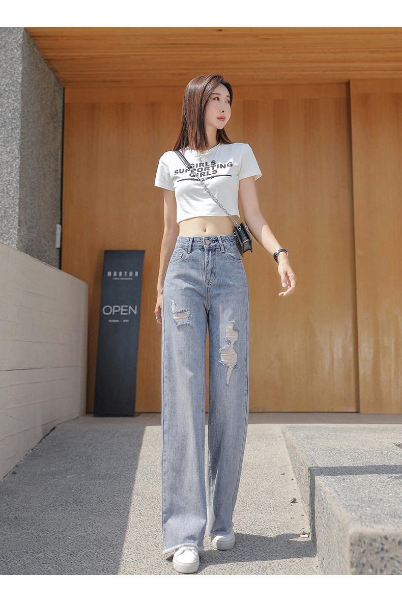 破洞牛仔裤女高腰显瘦2021年夏季新款宽松直筒垂感复古阔腿裤薄款详情18