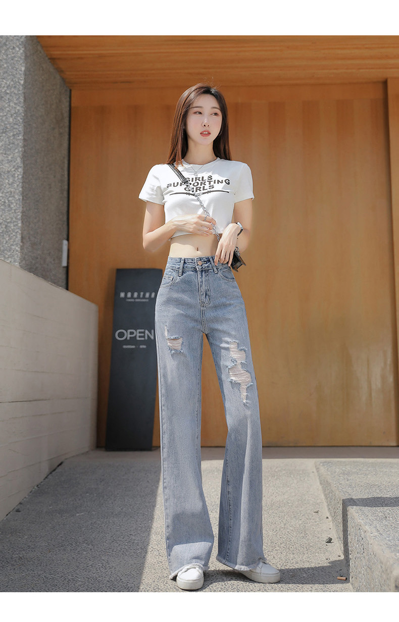 破洞牛仔裤女高腰显瘦2021年夏季新款宽松直筒垂感复古阔腿裤薄款详情10
