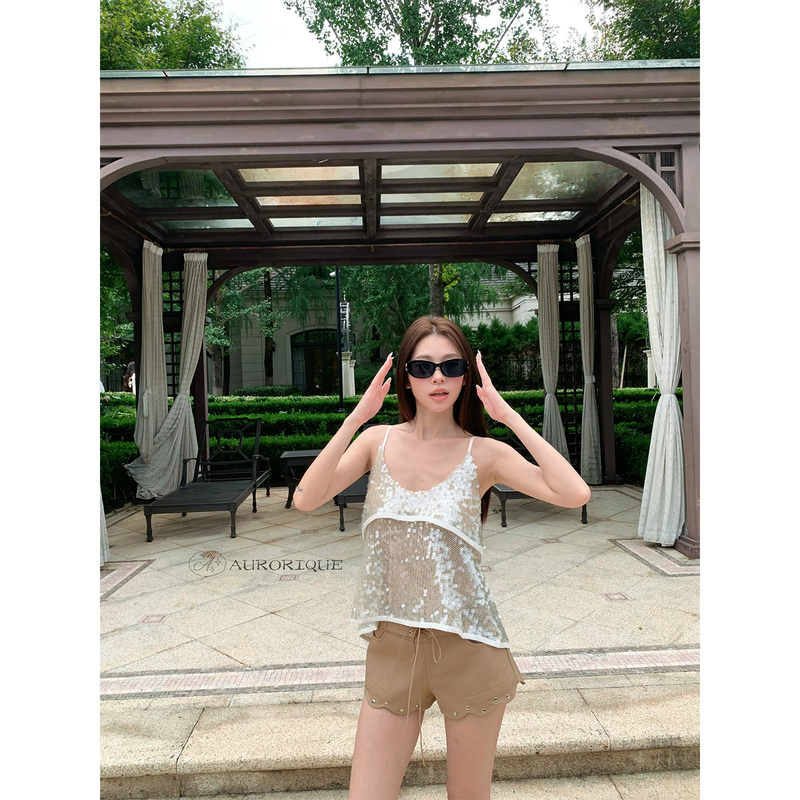 Aurorique [Mermaid Girl] Designer Spaghetti Strap Outerwear Camisole Top Sequin Camisole