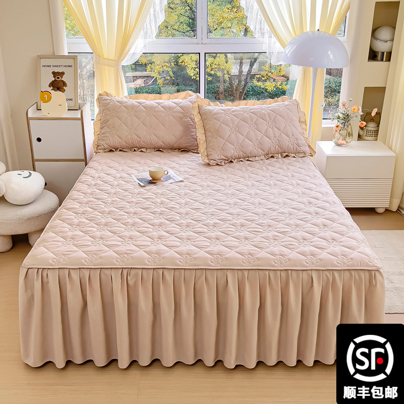 25 新しいベッドスカート シングルピース キルティングベッドスプレッド ベッドシーツ オールシーズン対応 スカート付きベッドカバー ベッドエプロンカバー 3点セット