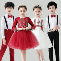 Childrens performance clothes girls princess dress Primary School students chorus dance red gauze dress girls autumn and winter recitation performance costumes