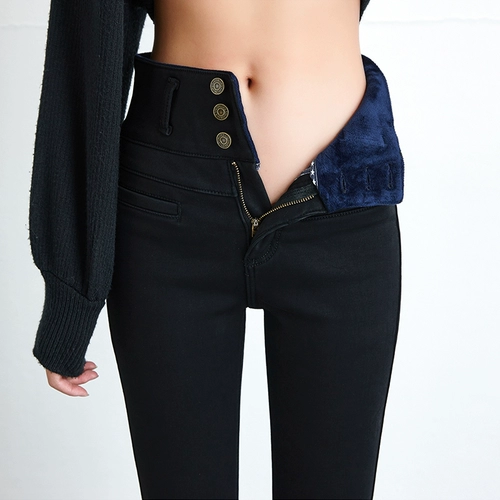 Утепленные черные цветные джинсы, зимние удерживающие тепло штаны, высокая талия, 2020, по фигуре, в обтяжку