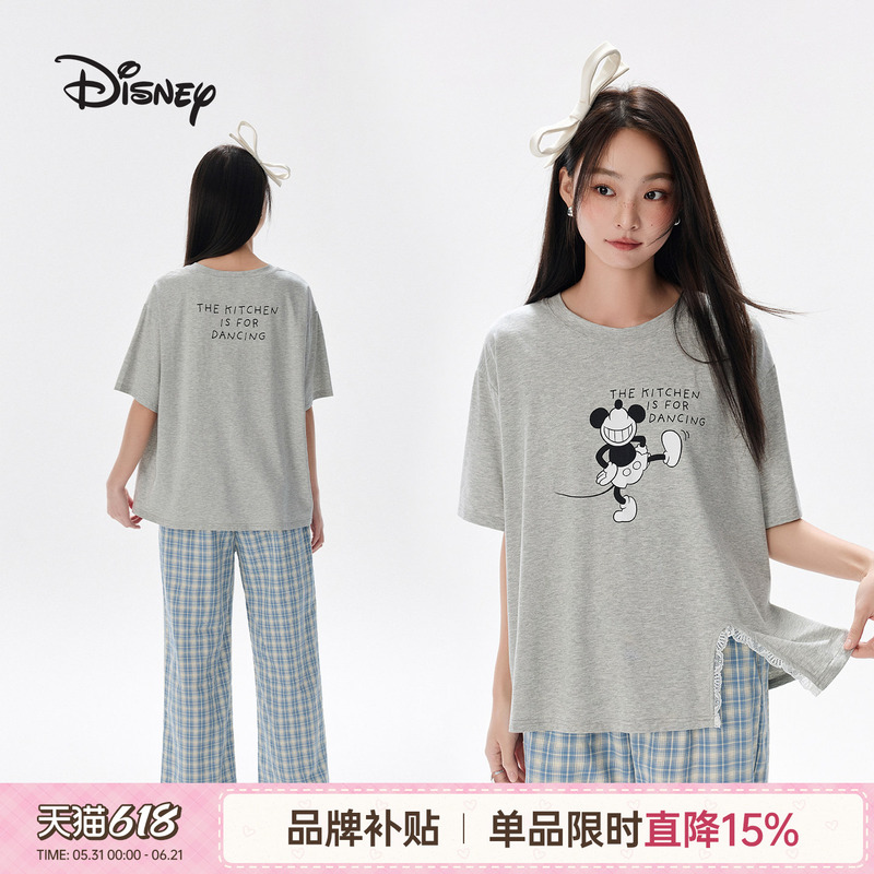 Disney Modal Cotton Short-Sleeve Lace-Trimmed Plaid Long Pants Pajama Loungewear Set for Women in Summer