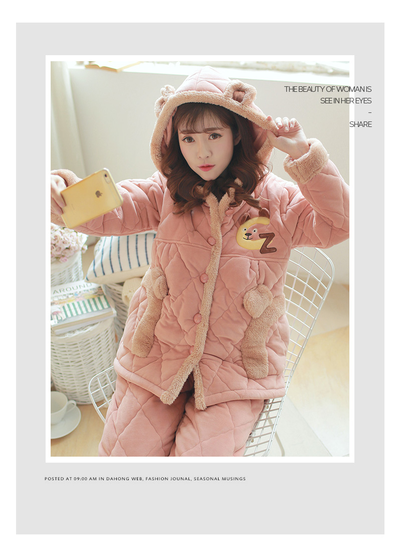 Kiss miệng mèo san hô nhung bộ đồ ngủ phụ nữ mùa đông dày ba lớp dài tay Hàn Quốc dễ thương phim hoạt hình cô gái dịch vụ nhà - Giống cái đồ bộ mặc nhà