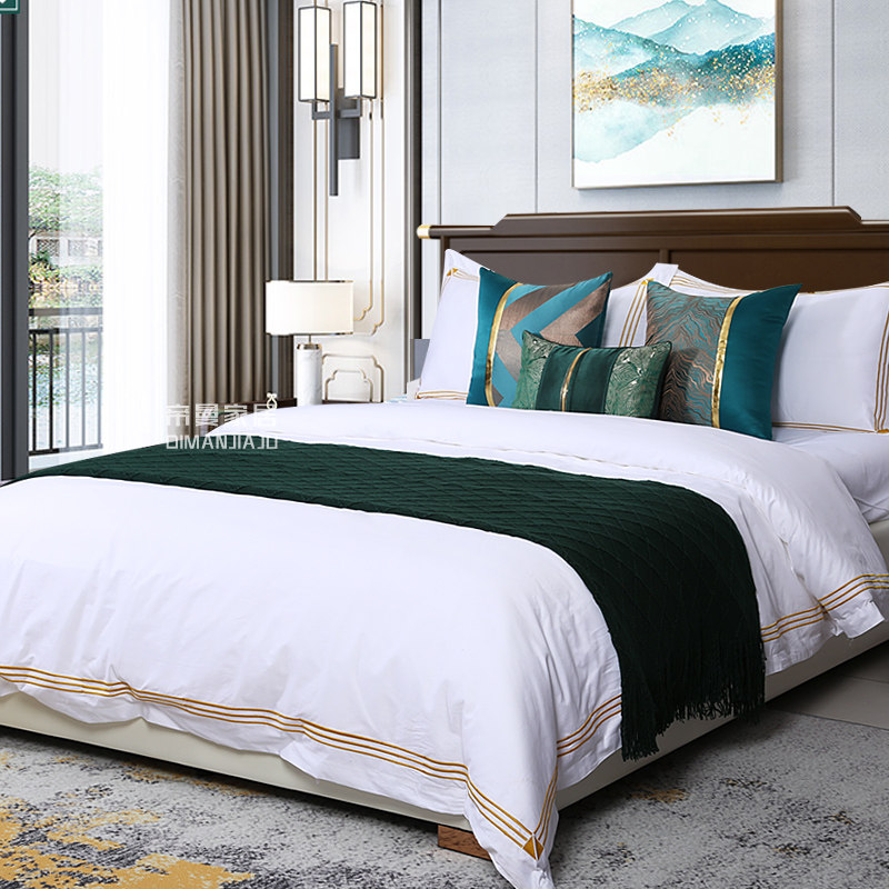 New Chinese-style green and gray model room bedding high-end villa hotel modern model room bedding light luxury