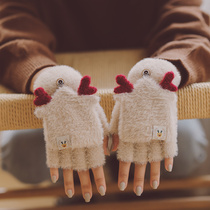 Gloves Winter female cute plus velvet Korean cartoon students write ins thick cotton warm cold wool half finger