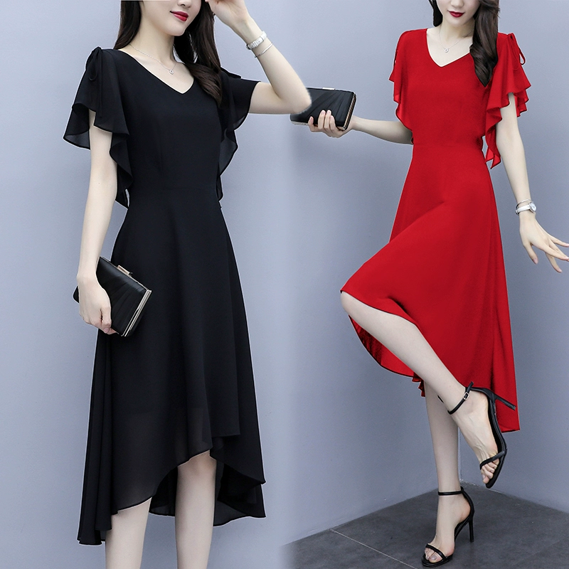 Váy voan chữ A tay ngắn cổ chữ V Hàn Quốc Eo thon gọn không đều Chiều dài trung bình Size lớn của phụ nữ Mùa hè - A-Line Váy