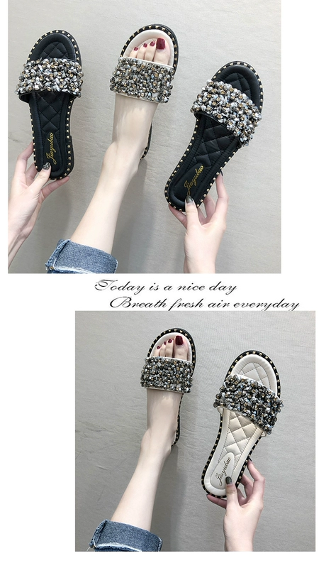 Dép lưới đỏ nữ mùa hè 2020 từ mới phẳng phẳng sandal rhinestone Phiên bản Hàn Quốc của giày đi biển hoang dã - Dép