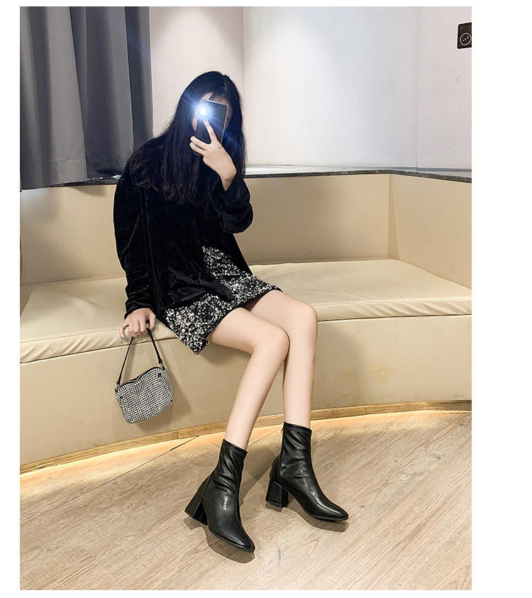 Челси сапоги 方头短靴女2025年新款春季季单靴韩版百搭后拉链粗跟马丁靴裸靴子 Good Ba Shi