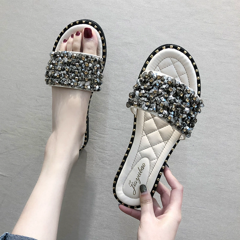 Dép lưới đỏ nữ mùa hè 2020 từ mới phẳng phẳng sandal rhinestone Phiên bản Hàn Quốc của giày đi biển hoang dã - Dép