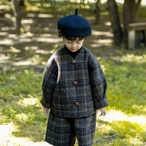AnnieGirl retro plaid fashionable Japanese double-sided woolen coat and shorts suit for boys and girls