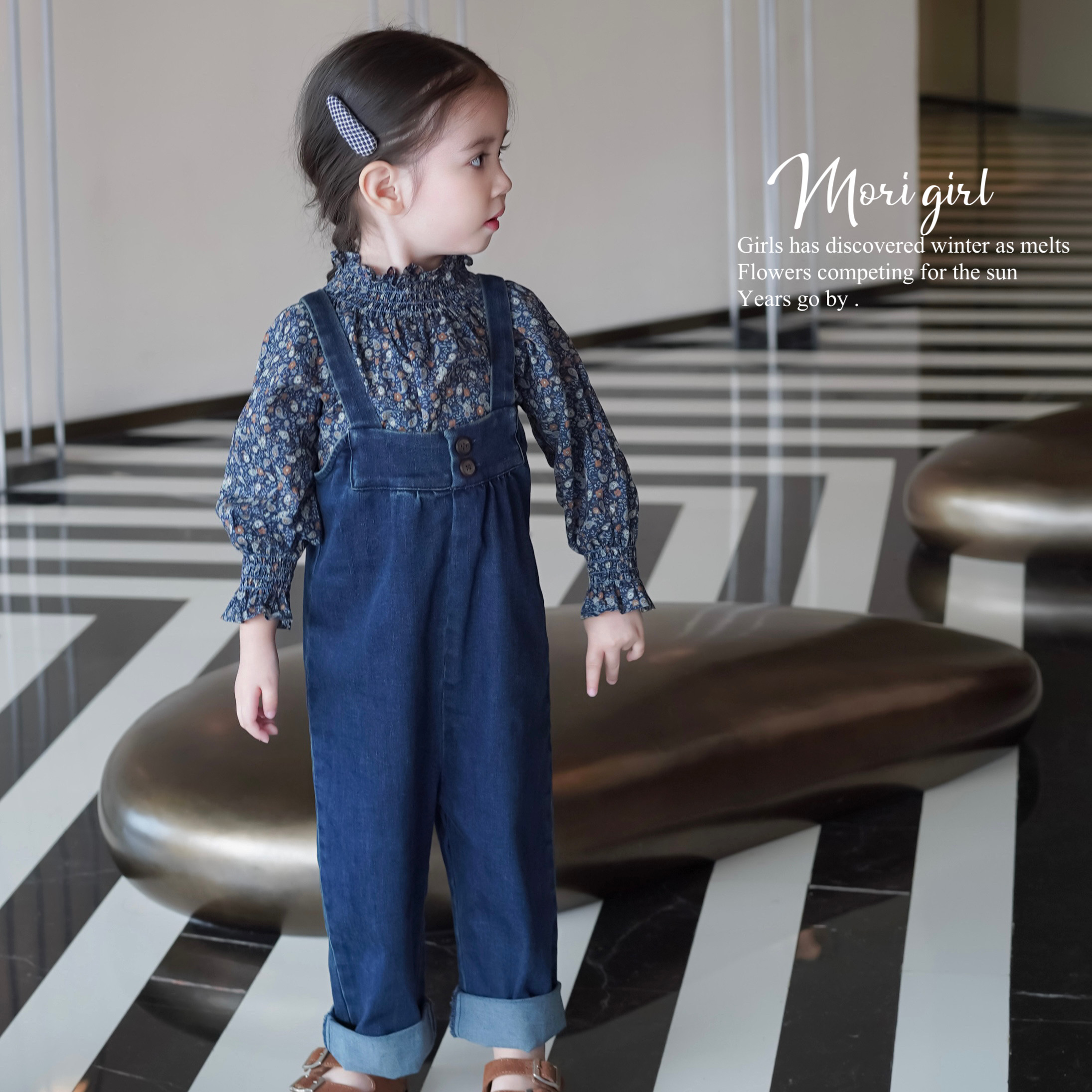 AnnieGirl day family retro washed soft jeans casual back with pants crushed flower shirt girl fall child-Taobao