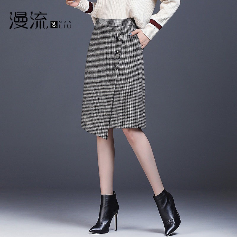 Thousand bird grid skirt women autumn and winter 2020 New irregular bag hip skirt slim high waist one step skirt dress big size