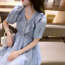 Fairy ruffled V-collar breastfeeding dress summer ice cool silk fake two pieces slim fit fashion out breastfeeding skirt