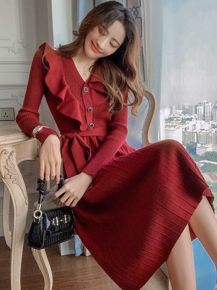 Temperament lotus leaf knitted V-neck nursing dress winter bottoming waist slim nursing sweater over the knee mid-length version