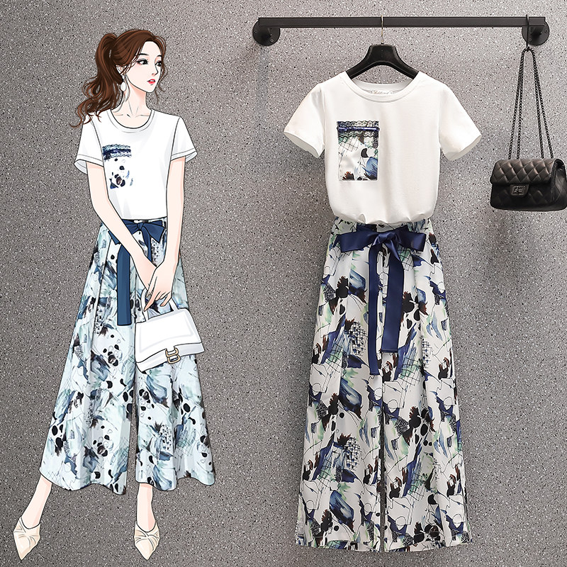 Pure Cotton Lactation T-shirt Foreign Fashion Snowspun Broadlegged Pants Two Sets Of Summer Dress Laced Tops Out Fashion Spicy Moms