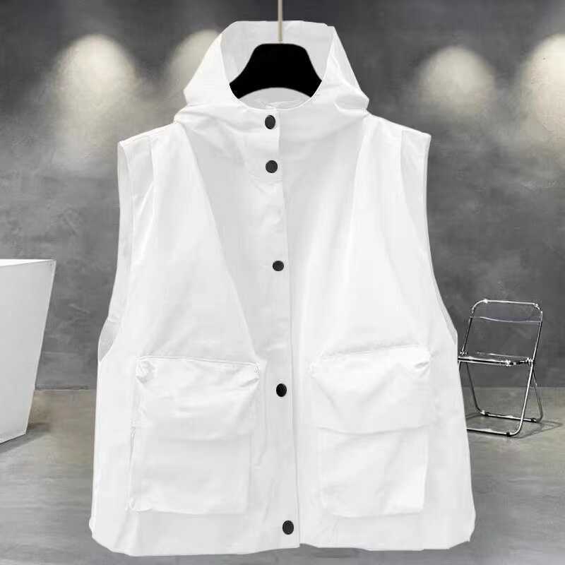 Solid Color Workwear Hooded Vest Jacket for Men and Women, Summer Thin Trendy Loose Pocket Outerwear Sleeveless Vest