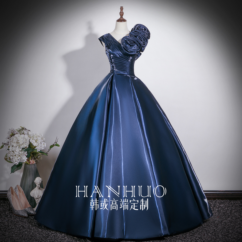 High-End Navy Blue Dress, New Style Vocal Performance Satin Dress, Music Host Plus-Size Adult Ceremony Tutu Dress for Women